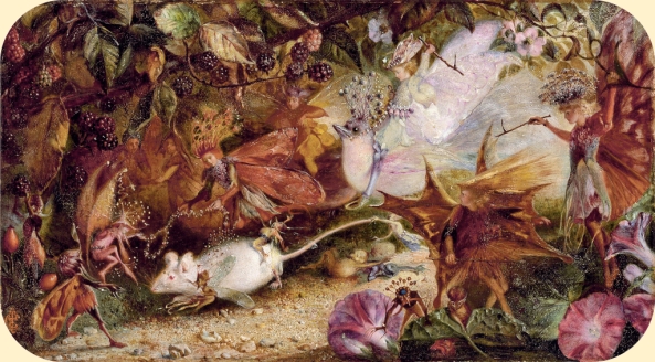 john anster fitzgerald-fairy fitzgerald-the chase of the white mouse-fairy-fairies-little people-wee folk-fairy ring-flowers-chase-hunt-white mouse
